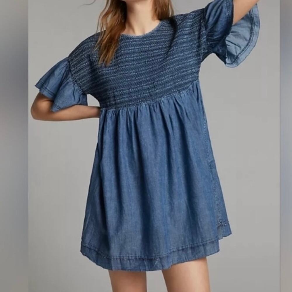 Anthropologie Luz Chambray Smocked Distressed Mini Dress Size XS